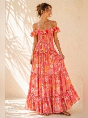 Abel The Label Smocked Off Shoulder Maxi Nap Dress Floral Boho Mod Tiki Sz L